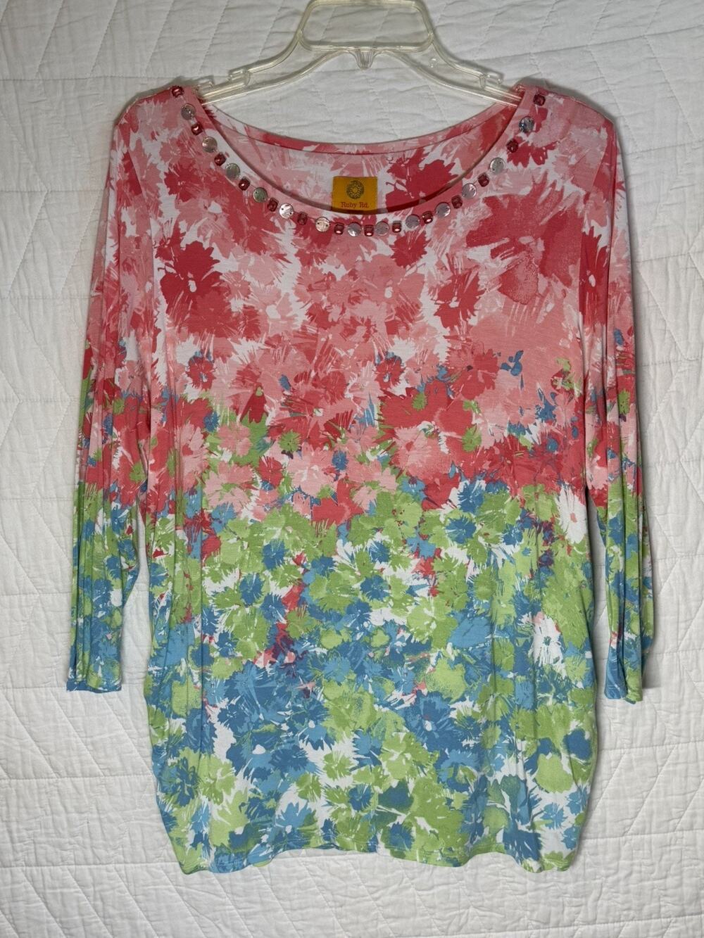 Ruby Road blouse tunic pink floral jeweled neckline size women 1x 3/4 sleeves